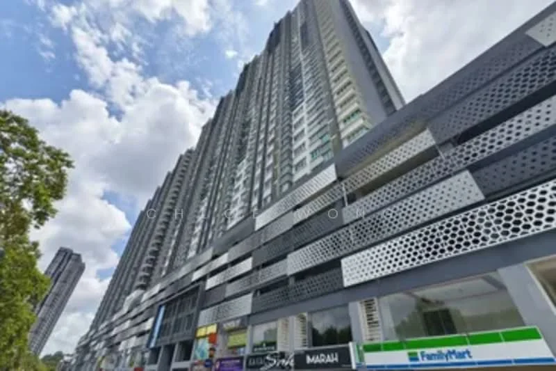 Exterior type: high-rise condominium; features: glass curtain wall, exposed concrete facade, projecting balconies, feature lighting at night, commercial units at ground level, manicured landscaping, surrounded by mature greenery; style: modern.