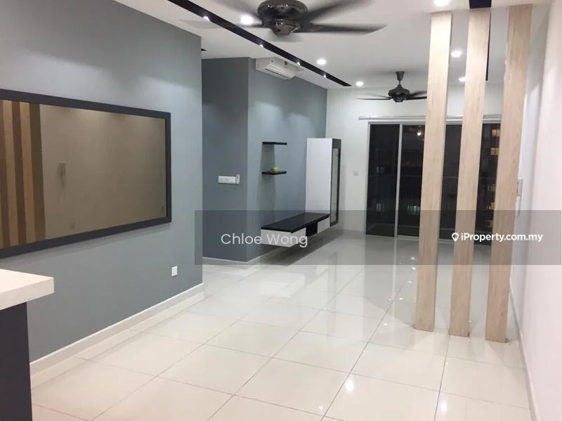 Living features: white painted walls, grey accent wall, polished ceramic tile flooring, 5-blade ceiling fan with light, recessed LED downlights, wall-mounted shelf, built-in cabinet, large glass sliding door, balcony view, mirror wall feature; style: modern; view: city.