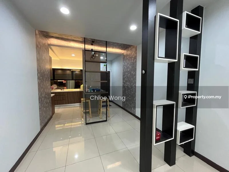 Room features: white painted walls, glossy tile flooring, recessed downlights, glass partition, open kitchen layout, wood cabinetry, kitchen island, decorative shelving unit, neutral color scheme; style: modern.