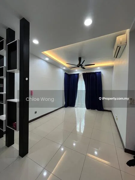 Living features: white painted walls, glossy ceramic tile flooring, tray ceiling with recessed lighting, 5-blade ceiling fan with light, floor-to-ceiling windows, dark blue curtains, air conditioning unit, built-in shelving unit; style: modern.