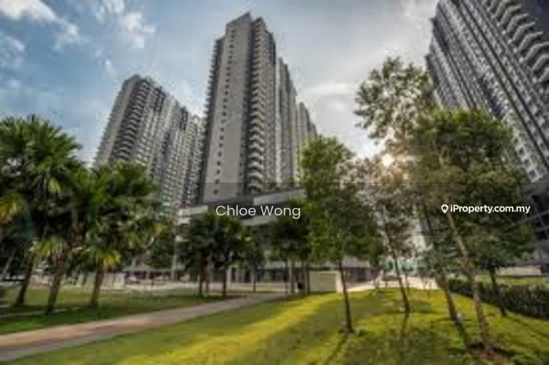 Exterior type: high-rise condominium; features: glass curtain wall, green landscaping with palm trees, manicured lawn, walking path, multiple high-rise buildings, sunlight filtering through trees, urban setting, surrounded by greenery; style: modern.