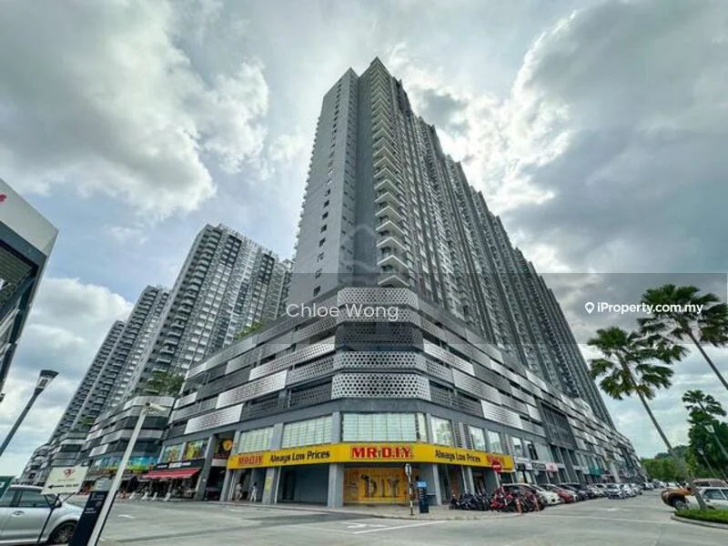 Exterior type: high-rise condominium; features: glass curtain wall, exposed concrete facade, multiple recessed balconies, approximately 30-storey high-rise, commercial units at ground level, palm trees in landscaping, manicured walkways, urban context with surrounding buildings; style: modern.