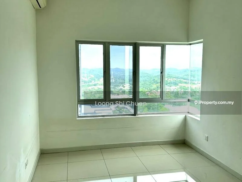 Room features: white painted walls, glossy tile flooring, floor-to-ceiling windows, corner window with panoramic view, natural light from windows, no visible furniture or decor; style: modern; view: mountain.