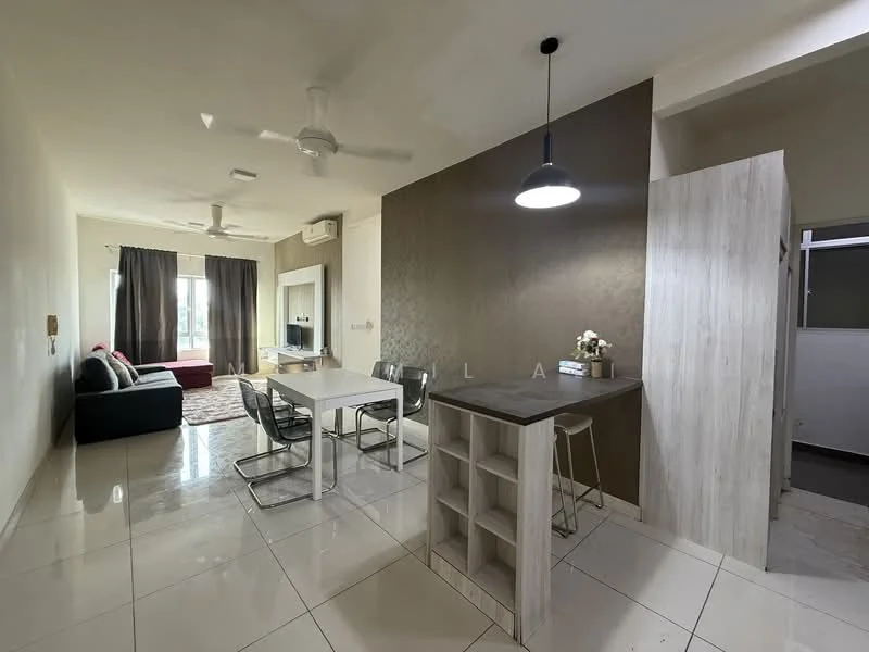 Living features: 3-seater fabric sofa in black, coffee table, area rug, floor-to-ceiling windows, curtains, ceiling fan, marble tile flooring, wall-mounted air conditioning unit; style: modern. Dining features: 6-seater dining table, metal dining chairs, pendant lamp, open shelving unit, kitchenette with countertop, white painted walls, recessed downlights; style: modern.