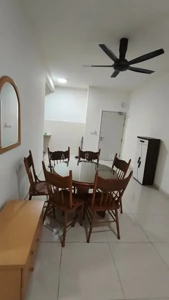Dining features: round dining table, 6 wooden dining chairs, 5-blade ceiling fan, white painted walls, glossy tile flooring, full-length mirror, wooden sideboard, door leading to hallway; style: modern. Room features: white painted walls, glossy tile flooring, door leading to exterior.