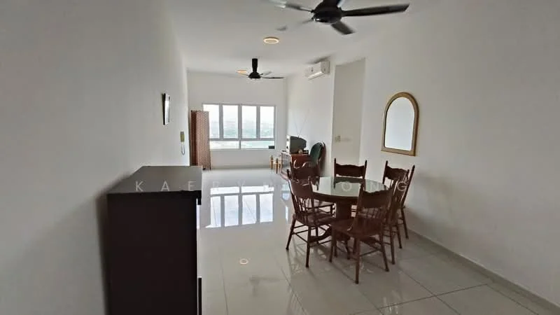 Dining features: dining table with 6 wooden chairs, ceiling fan, wall-mounted air conditioning unit, large window with city view, mirror on wall, white painted walls, glossy tile flooring, wooden sideboard; style: modern; view: city.