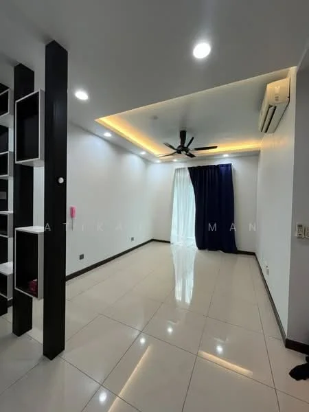 Living features: white painted walls, recessed ceiling with LED strip lighting, 5-blade ceiling fan with light, floor-to-ceiling window with sheer curtains, glossy ceramic tile flooring, black accent wall with shelving, air conditioning unit, curtains in dark blue; style: modern.