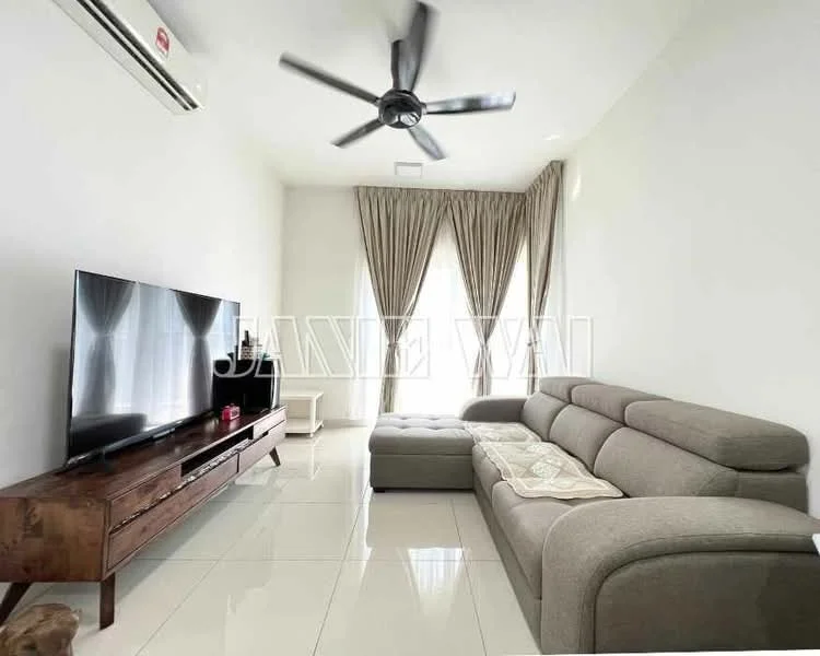 Living features: 3-seater fabric sectional sofa in grey, wall-mounted TV, wooden TV console, white painted walls, glossy tile flooring, ceiling fan, floor-to-ceiling windows with sheer curtains, decorative throw on sofa, natural light from windows; style: modern.