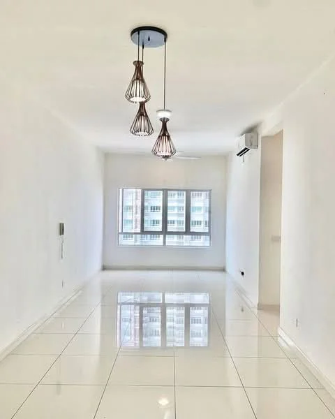 Living features: white painted walls, glossy white tile flooring, 3-blade ceiling fan, 3 pendant lights with woven design, floor-to-ceiling windows, window treatments not visible, air conditioning unit, reflected light on floor; style: modern.