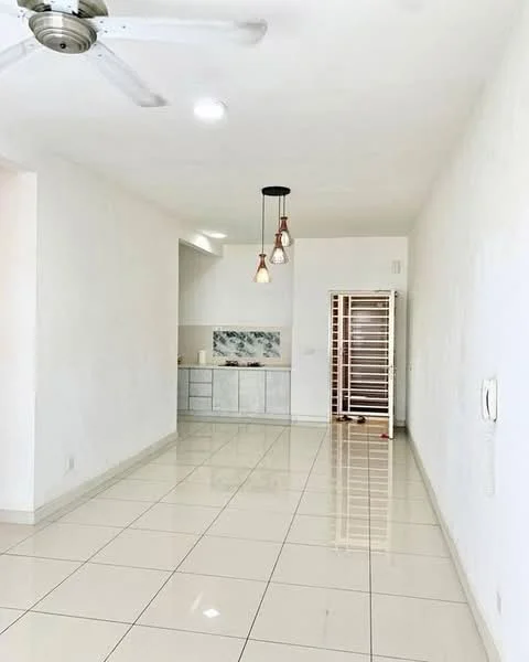 Living features: white painted walls, glossy ceramic tile flooring, 5-blade ceiling fan with light, pendant lights with bulbs, open kitchen area, kitchen cabinetry, marble backsplash, sliding door, natural light from windows; style: modern.