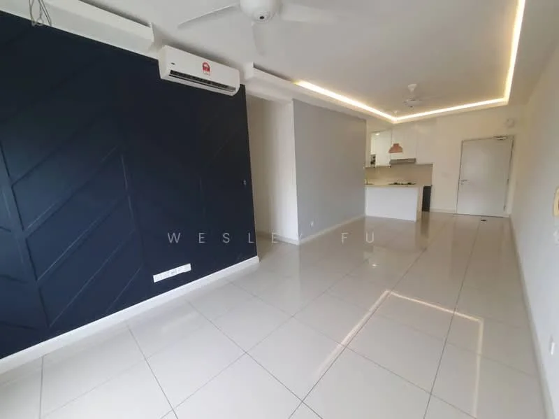 Living features: white painted walls, dark blue accent wall with chevron pattern, glossy white tile flooring, recessed LED downlights, 5-blade ceiling fan, wall-mounted split AC, open layout to kitchen, large windows for natural light; style: modern.