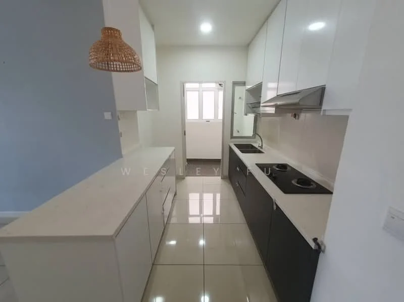 Kitchen features: white cabinetry, black lower cabinets, marble countertop, double-bowl stainless-steel sink, chrome pull-down faucet, built-in oven, 4-burner gas hob, exhaust hood, tile backsplash, pendant light, glossy tile flooring, window with natural light, open layout, wall-mounted cabinets; style: modern.