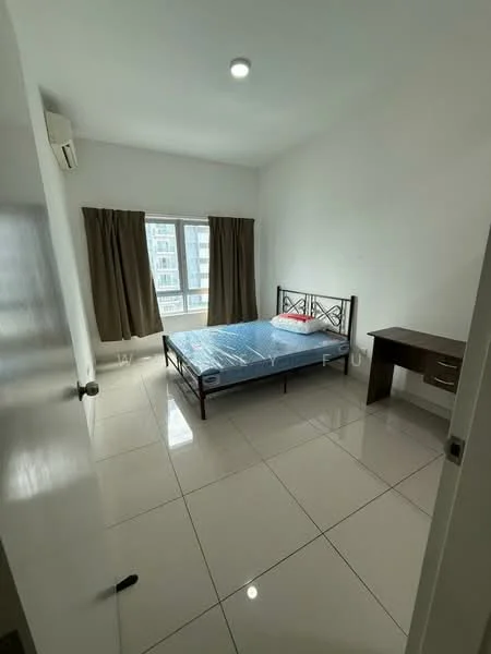 Bedroom features: queen-size bed, white painted walls, glossy tile flooring, floor-to-ceiling window, brown curtains, air conditioning unit, wooden desk, single bedside table; style: modern; view: city.