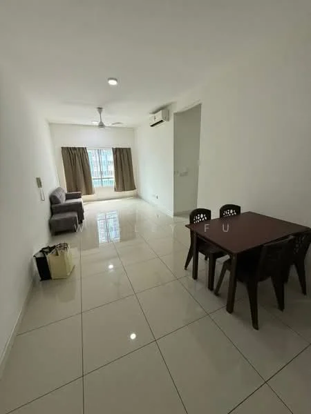 Living features: white painted walls, glossy ceramic tile flooring, 5-blade ceiling fan with light, floor-to-ceiling windows, curtains, sofa in grey, 4-seater dining table, plastic dining chairs, air conditioning unit; style: modern; view: city.