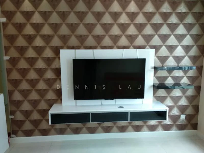 Living features: wall-mounted TV, white TV console with drawers, geometric patterned accent wall in beige and brown, floating shelves, light-colored flooring, recessed lighting, neutral color palette; style: modern.