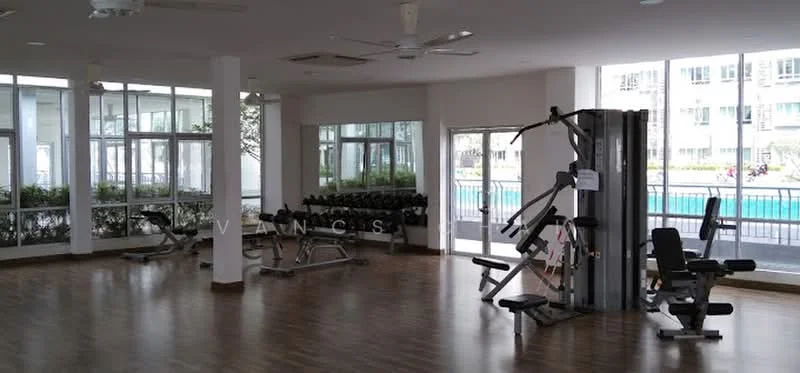 Room features: large windows, wooden flooring, ceiling fans, weight training equipment, exercise machines, mirrored wall, open layout, natural light, view of outdoor pool area; style: modern; view: pool.