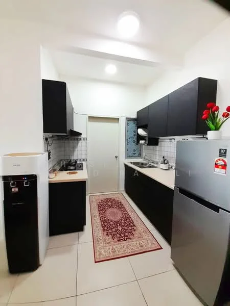 Kitchen features: black cabinetry, white countertop, stainless-steel sink, chrome pull-down faucet, built-in gas stove, refrigerator, dishwasher, tile backsplash, white walls, rectangular area rug, overhead lighting, floor tiles; style: modern.