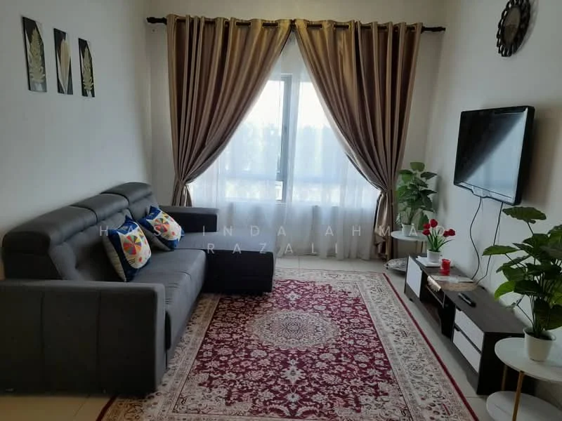 Living features: 3-seater fabric sofa in grey, decorative cushions with patterns, area rug with intricate design, wall-mounted TV, TV console with storage, potted plants, floor-to-ceiling windows with sheer curtains, curtains in beige, wall art with floral designs; style: modern.