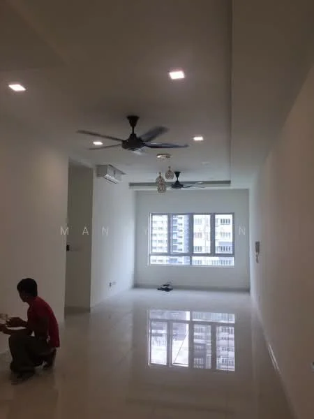 Living features: white painted walls, polished ceramic tile flooring, tray ceiling, recessed LED downlights, 2 ceiling fans, floor-to-ceiling windows, window with city view, air conditioning unit, open layout; style: modern; view: city.