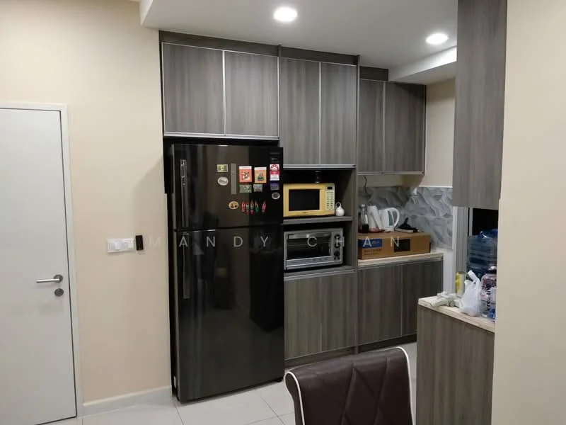 Kitchen features: black refrigerator, built-in microwave, stainless-steel kettle, white countertop, grey cabinetry, textured backsplash with geometric pattern, ceramic tile flooring, recessed downlights, kitchen sink, toaster, dishwasher, wall-mounted cabinets; style: modern.