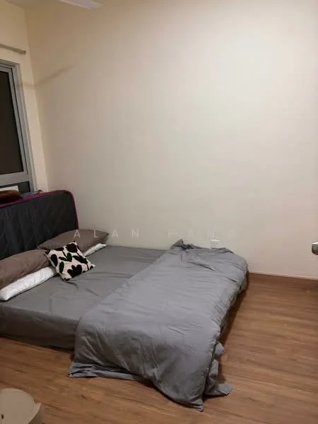 Bedroom features: wooden flooring, light beige painted walls, large window with natural light, queen-size bed with grey bedding, decorative pillow with floral pattern, minimalist decor, no visible closet or storage, simple lighting fixture; style: minimalist.