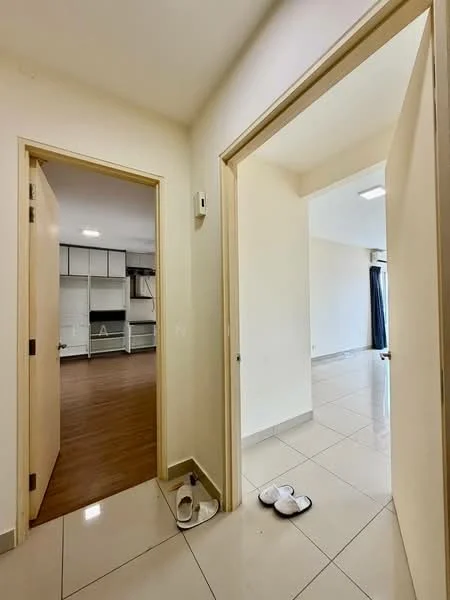 Room features: white painted walls, tile flooring, light-colored doors, neutral color scheme, recessed lighting, sliding door, open space layout, visible footwear on the floor; style: modern.
