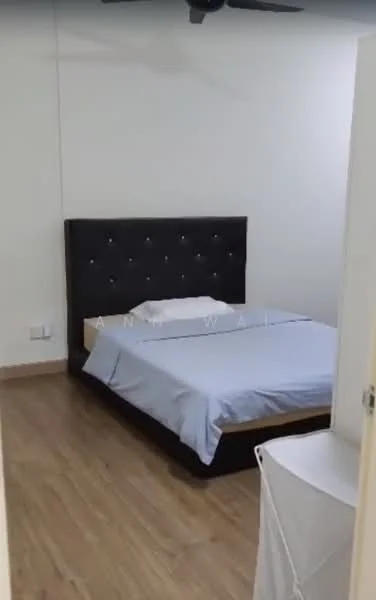 Bedroom features: king-size bed with upholstered headboard, light blue bedding, wooden flooring, ceiling fan, white painted walls, window with no visible treatment, nightstand, light switch on wall; style: modern.