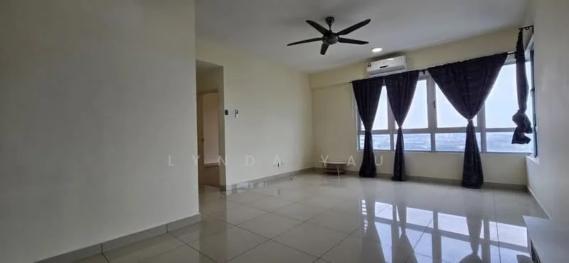 Living features: light grey painted walls, glossy ceramic tile flooring, 5-blade ceiling fan with light, floor-to-ceiling windows, blackout curtains, air conditioning unit, neutral color scheme, open layout; style: modern; view: city.