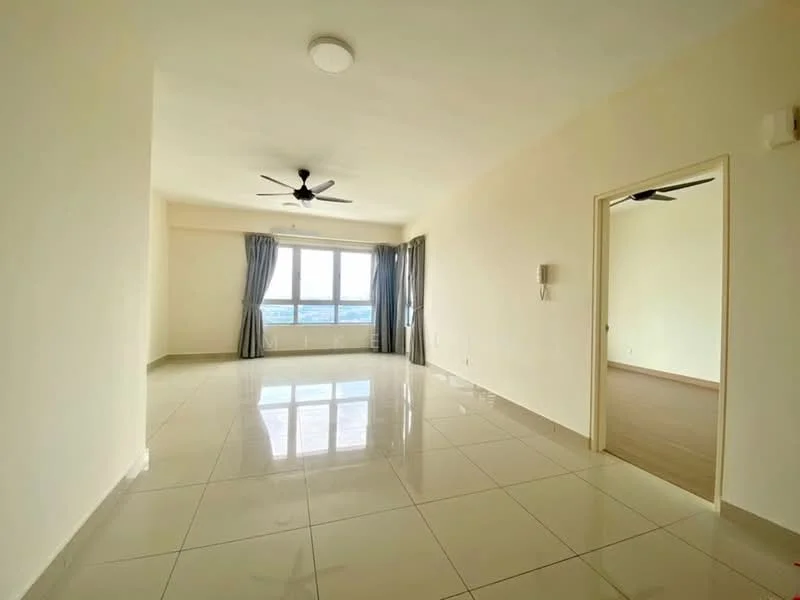Living features: white painted walls, glossy ceramic tile flooring, 5-blade ceiling fan with light, floor-to-ceiling windows, curtains, neutral color scheme, recessed ceiling lights; style: modern; view: city. Room features: white painted walls, laminate flooring.