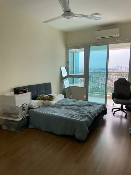 Bedroom features: queen-size bed, upholstered headboard, bedside table, floor-to-ceiling windows, city view, light-colored walls, wooden flooring, ceiling fan, air conditioning unit, mirror, office chair, storage boxes; style: modern; view: city.