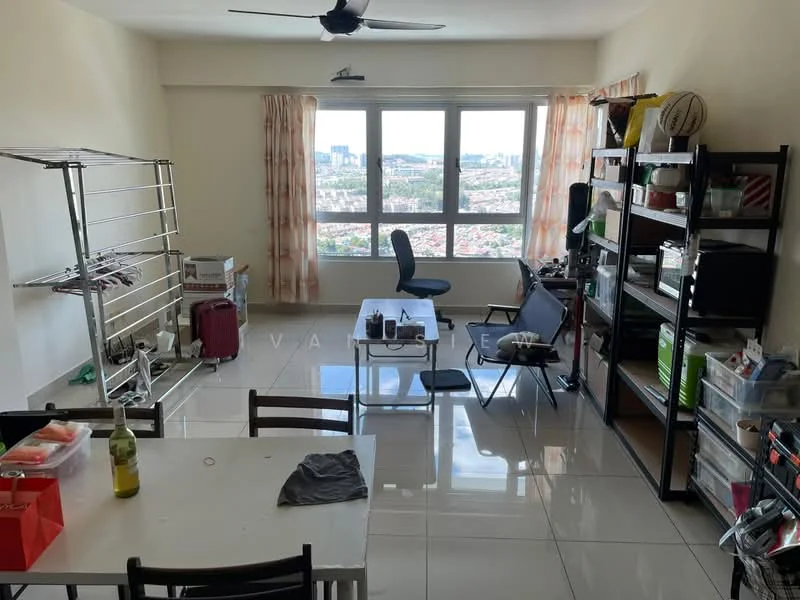 Living features: floor-to-ceiling windows, city view, light-colored walls, glossy tile flooring, ceiling fan, dining table with chairs, metal shelving unit, plastic storage bins, laundry rack, black office chair, small desk, various household items on shelves; view: city.