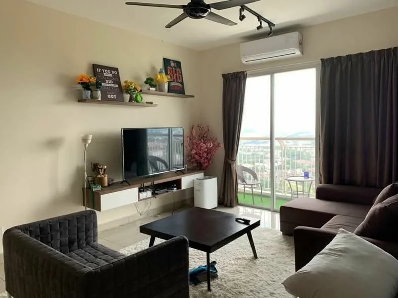 Living features: 3-seater brown fabric sofa, 2-seater grey velvet armchair, black coffee table, wall-mounted flat-screen TV, TV console with storage, floor-to-ceiling windows, curtains in dark brown, ceiling fan with light, air conditioning unit, decorative plants, framed wall art, light-colored walls, tile flooring; style: modern; view: city.