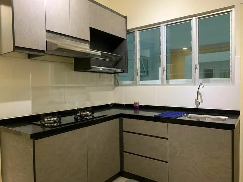 Kitchen features: grey laminate cabinetry, black granite countertop, single-bowl stainless-steel sink, chrome pull-down faucet, built-in gas hob with 2 burners, exhaust hood, white tiled backsplash, window with multiple panes; style: modern.