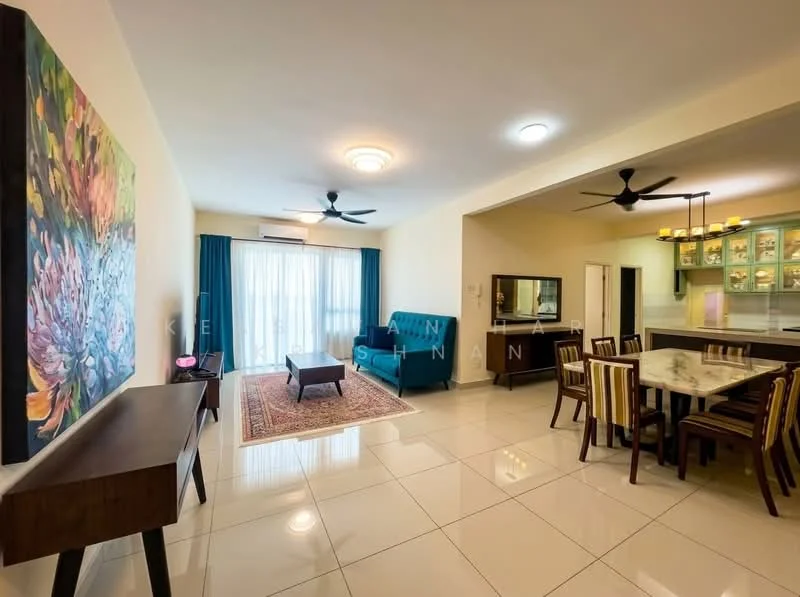 Living features: white painted walls, glossy tile flooring, 5-blade ceiling fan with light, sofa in teal, coffee table, area rug with geometric pattern, wall-mounted TV, decorative artwork, curtains in blue, dining table with upholstered chairs, recessed lighting, open layout to dining area; style: modern.