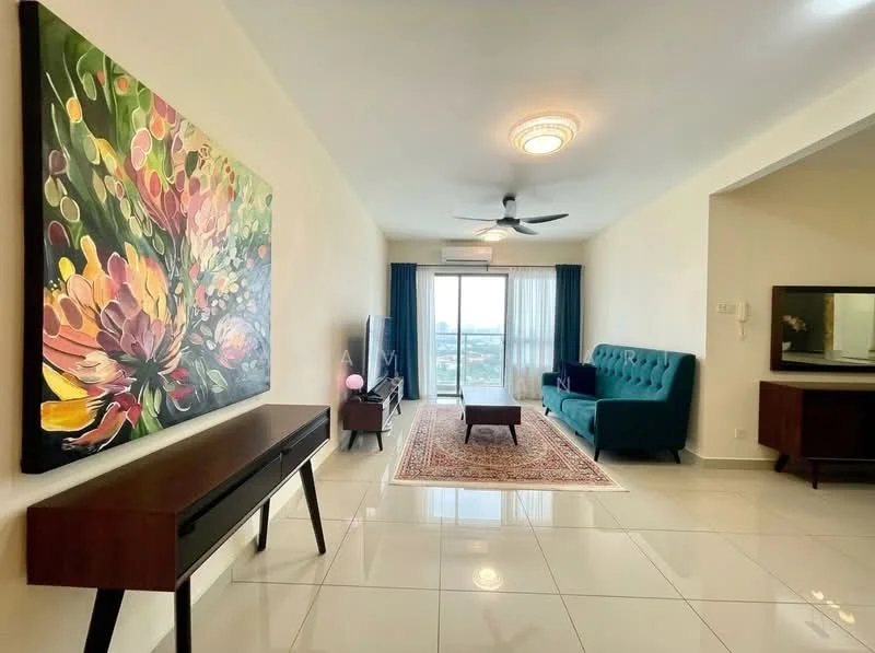 Living features: green upholstered sofa, wooden coffee table, TV console, wall-mounted TV, area rug with geometric pattern, framed artwork with floral design, white painted walls, glossy white tile flooring, ceiling fan with light, floor-to-ceiling windows with city view, curtains in blue fabric, decorative mirror, side table; style: modern; view: city.
