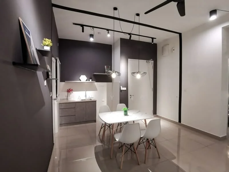 Dining features: white dining table, 4 white dining chairs, grey cabinetry, stainless-steel sink, chrome pull-down faucet, white walls, dark accent wall, recessed LED downlights, pendant lighting, floor-to-ceiling windows, polished tile flooring, wall-mounted decor; style: modern.