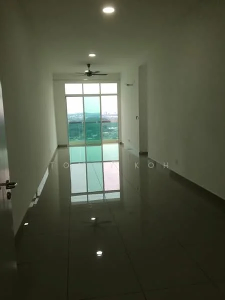 Room features: white painted walls, glossy ceramic tile flooring, 5-blade ceiling fan with light, floor-to-ceiling windows, city view, recessed downlights; style: modern; view: city.