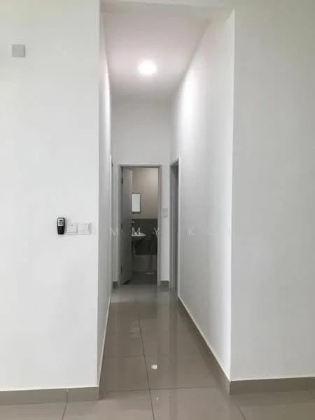 Hallway features: white painted walls, glossy tile flooring, recessed downlights, doorway leading to bathroom, doorway leading to another room, narrow hallway layout; style: modern.