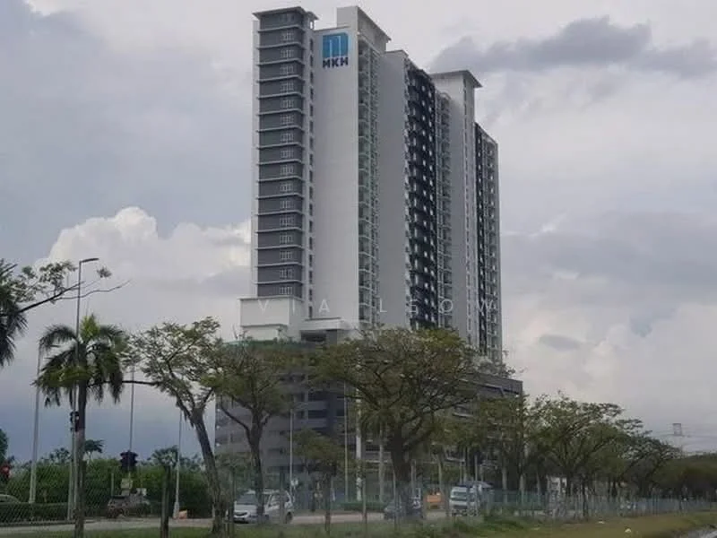 Exterior type: high-rise condominium; features: glass curtain wall, white painted facade, balconies with glass railings, approximately 15-storey high-rise, surrounded by mature trees, urban context with main road in front; style: modern.