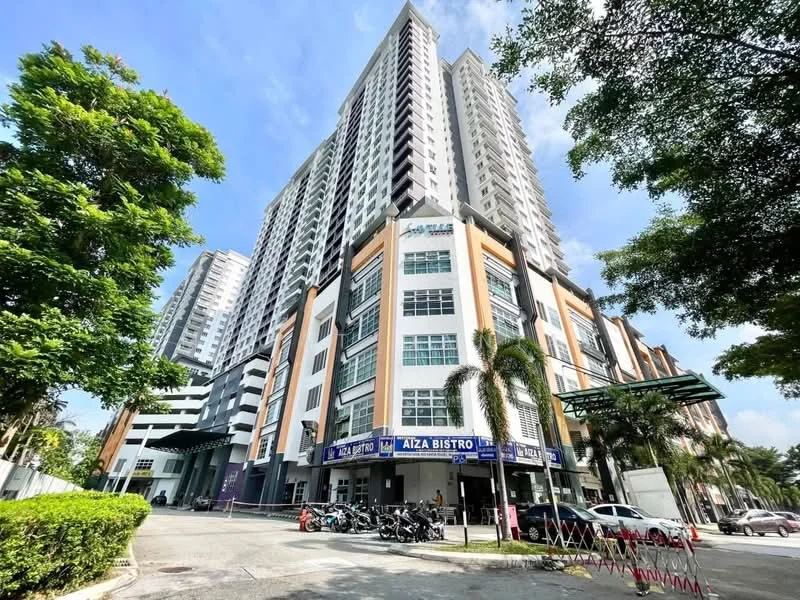 Exterior type: mid-rise condominium; features: glass curtain wall, cream painted facade, recessed balconies, multiple storeys, outdoor dining area, landscaped greenery, parking area, signage for Aiza Bistro, surrounded by mature trees; style: modern.