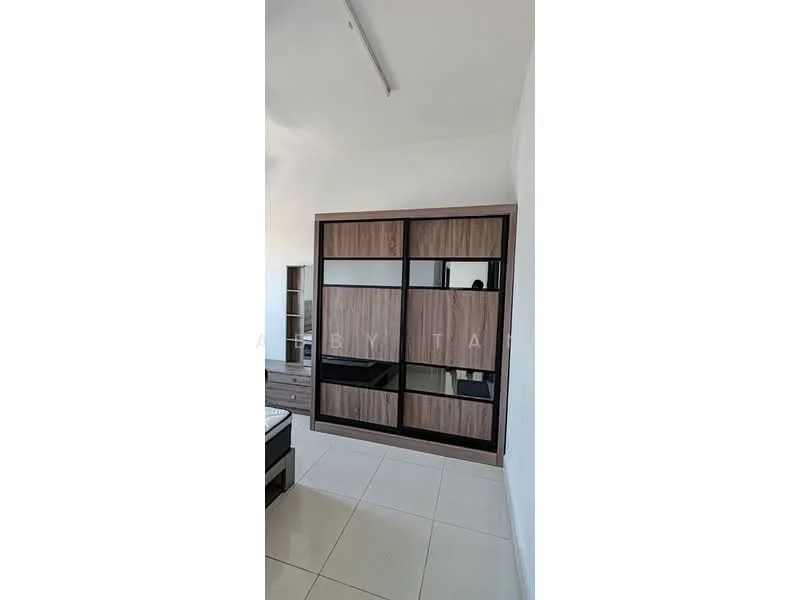 Bedroom features: built-in wardrobe with sliding glass doors, wooden cabinetry, white walls, tile flooring, natural light from window, minimalist decor, neutral color scheme, ceiling light fixture; style: modern.