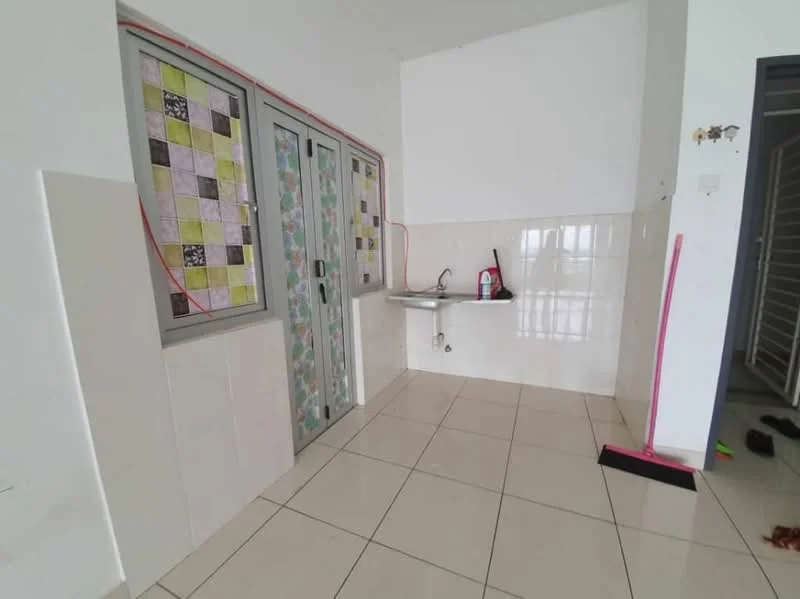 Room features: white painted walls, glossy white tile flooring, kitchenette with stainless-steel sink, wall-mounted cabinets with colorful glass panels, visible plumbing fixtures, empty wall space, no visible appliances, corner space; style: modern.