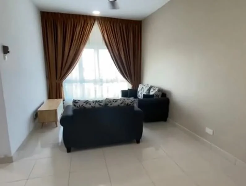 Living features: 2-seater fabric sofa in navy blue, 3-seater fabric sofa with floral pattern, wooden coffee table, floor-to-ceiling windows, sheer curtains, brown drapes, white painted walls, glossy tile flooring, recessed downlights, ceiling fan; style: modern; view: city.