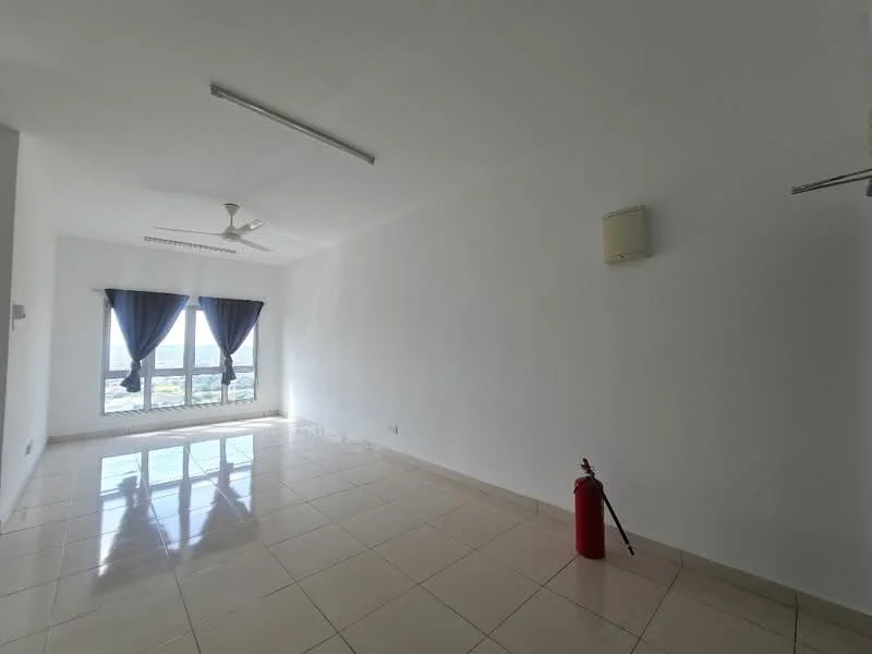 Room features: white painted walls, glossy ceramic tile flooring, ceiling fan, floor-to-ceiling windows, blackout curtains, fire extinguisher, wall-mounted light fixture; style: modern; view: city.