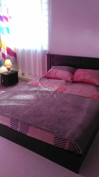 Bedroom features: queen-size bed with patterned bedding, wooden bed frame, nightstand with lamp, white sheer curtains, colourful accent wall with geometric pattern, light-coloured tiled flooring, decorative throw pillows; style: modern.