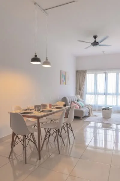 Dining features: 6-seater dining table, white dining chairs with wooden legs, pendant lighting with two bulbs, white walls, glossy tile flooring, floor-to-ceiling windows, sheer curtains, decorative wall art; style: modern. Living features: fabric sofa in light grey, decorative cushions, area rug, ceiling fan, side table, basket for storage, white walls, glossy tile flooring; style: modern.