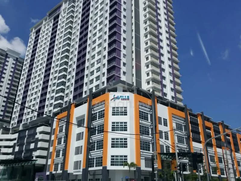 Exterior type: high-rise condominium; features: glass curtain wall, orange painted facade, white painted facade, purple accent panels, multiple balconies, approximately 20-storey high-rise, commercial space at ground level, large windows, modern architectural design; style: modern.