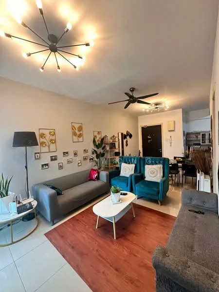 Living features: 3-seater fabric sofa in grey, 2 armchairs in teal, coffee table with white top and gold legs, area rug in red, wall-mounted decorative frames, ceiling light fixture with multiple bulbs, ceiling fan, potted plant, side table with lamp, wall with light-colored paint, tile flooring; style: modern.