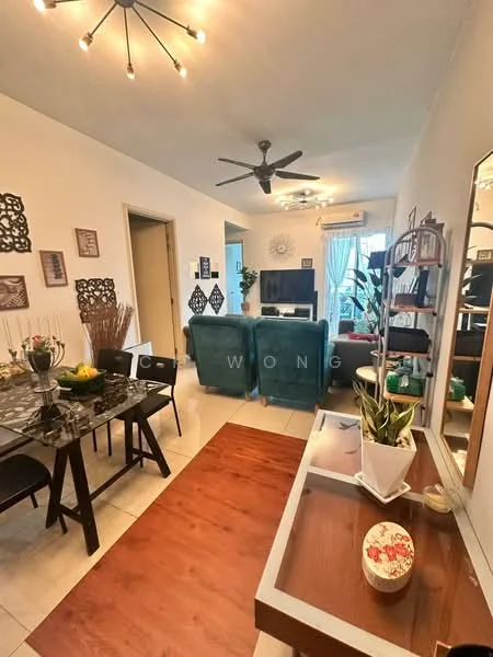 Living features: 5-blade ceiling fan with light, wall-mounted TV, 2 teal fabric armchairs, black glass coffee table, wooden flooring, decorative wall art, area rug, large window with sheer curtains, light-colored walls, TV console, potted plants, decorative mirror, dining table with black chairs; style: modern; view: garden.