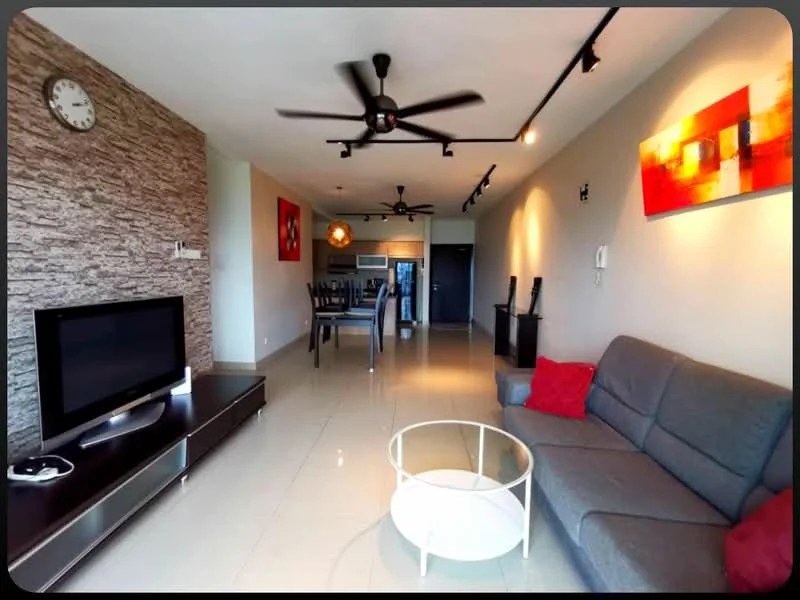 Living features: grey fabric sofa, red throw pillow, white circular coffee table, black TV console, wall-mounted TV, decorative wall art with red and orange colors, stone accent wall, recessed LED downlights, 5-blade ceiling fan, large windows with natural light, cream tiled flooring, clock on wall; style: modern.